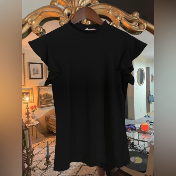 Tops - Forever Rose Black High Neck Ruffle Short Sleeve Fitted Blouse